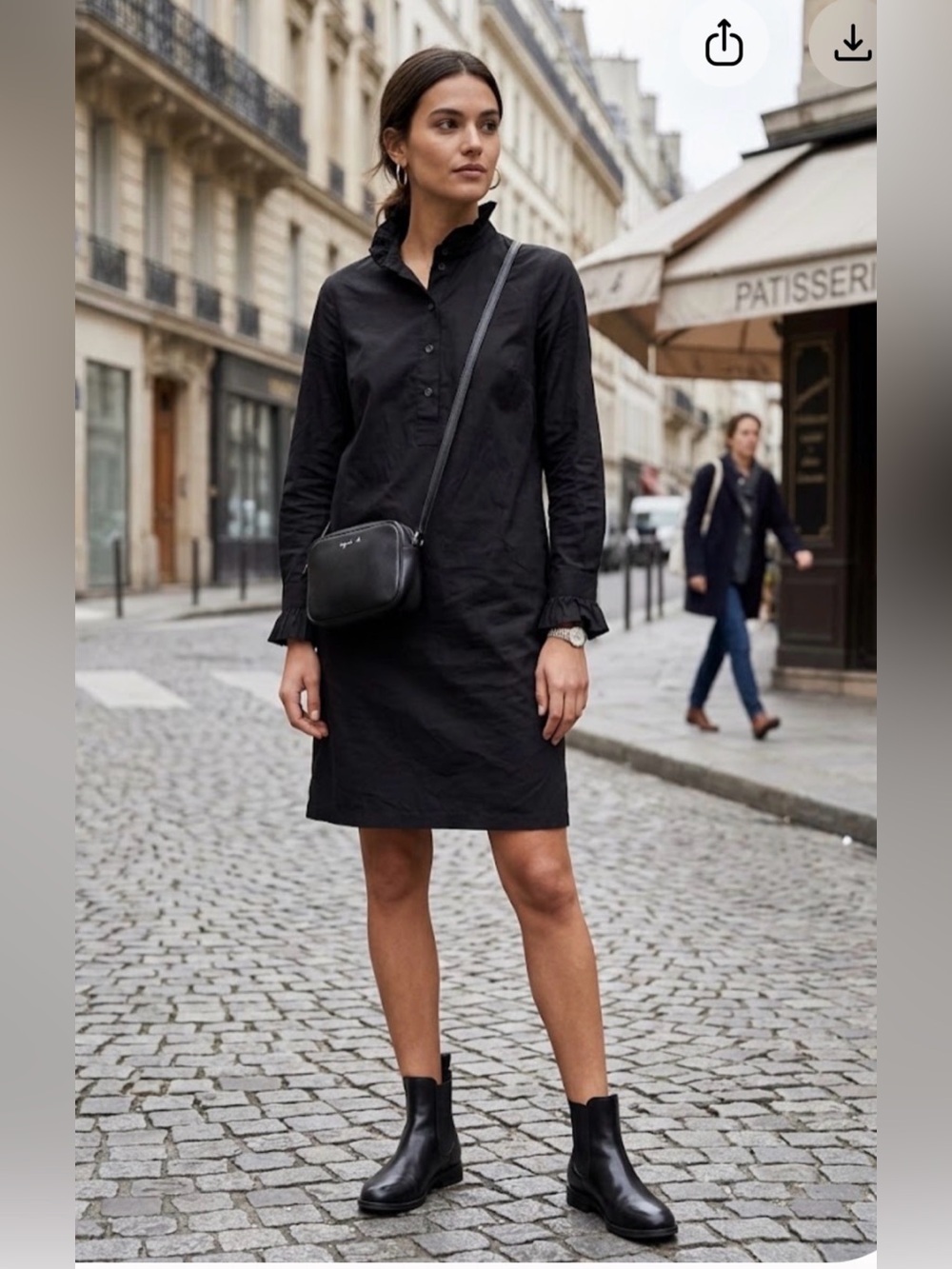 Agnes b Paris Black Cotton Ruffle Collar Shirt Dress Tunic Long Sleeve FR 38 US6